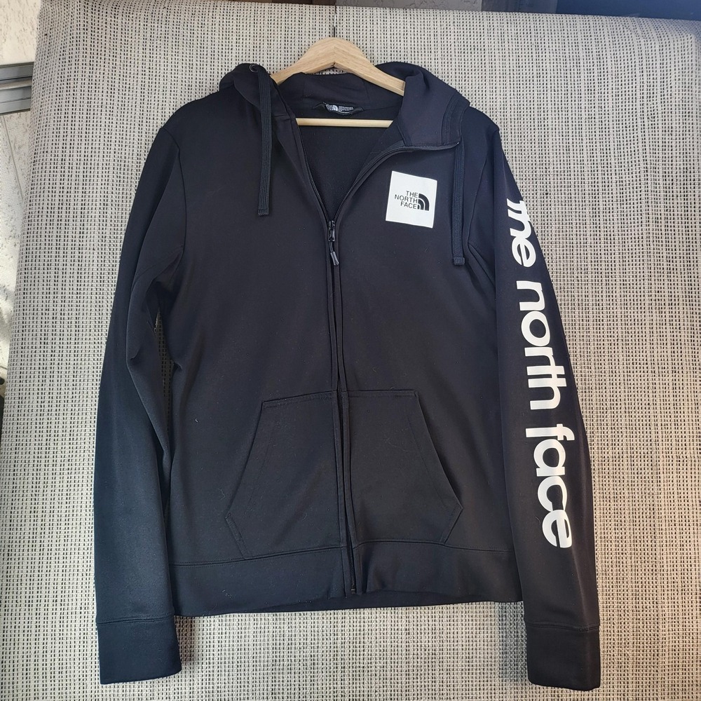 The North Face Hoodie Mens Small Black Full Zip Logo Sleeve Spell Out Jacket‎